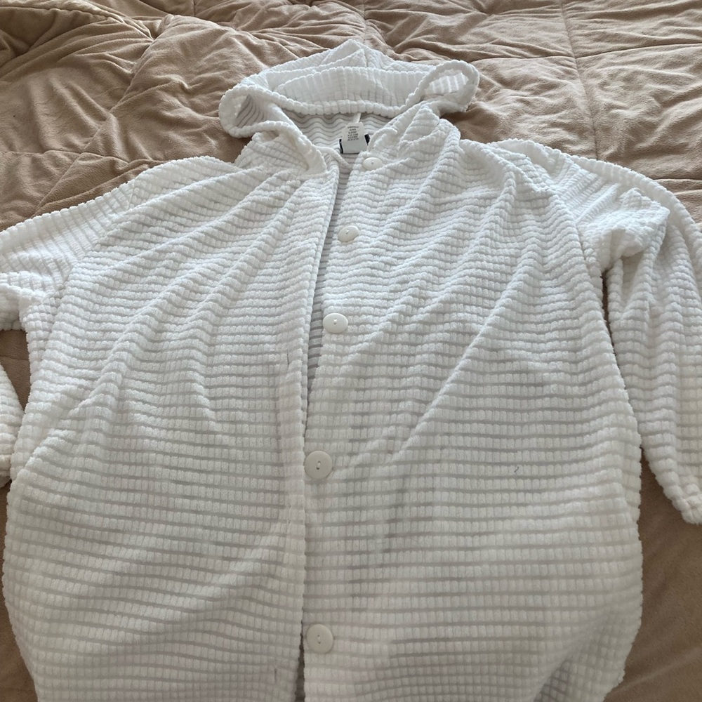 Cozy White Hooded Button-Up Beach Coverup